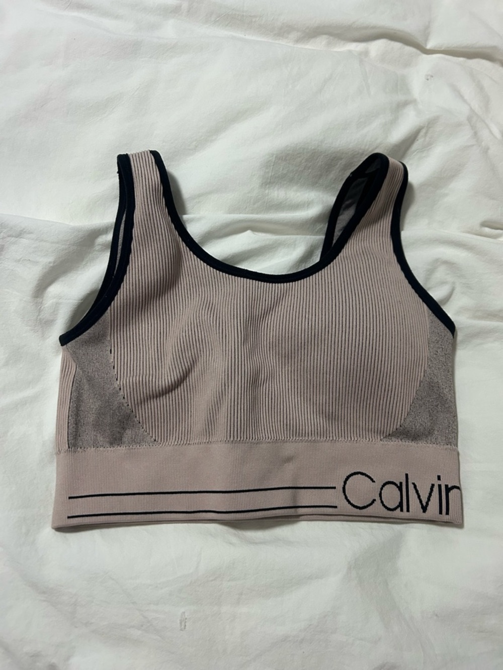 Calvin Klein Ribbed Scoop Sports Bra in Mauve with Black Trim